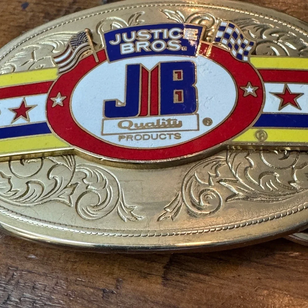 Vintage Justice Bros JB Racing Belt Buckle Gold‎ Tone Western Scrollwork Enamel